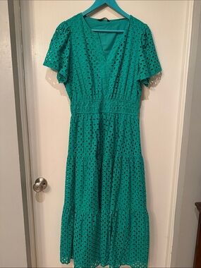Teal Eyelet Maxi Dress with V-Neck and Smocked Waist